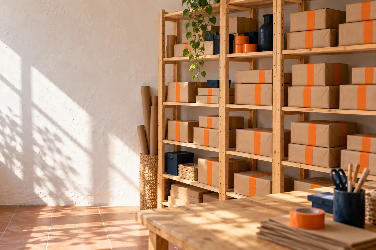 Pine shelves full of sealed kraft parcels with orange tape, in soft morning light.