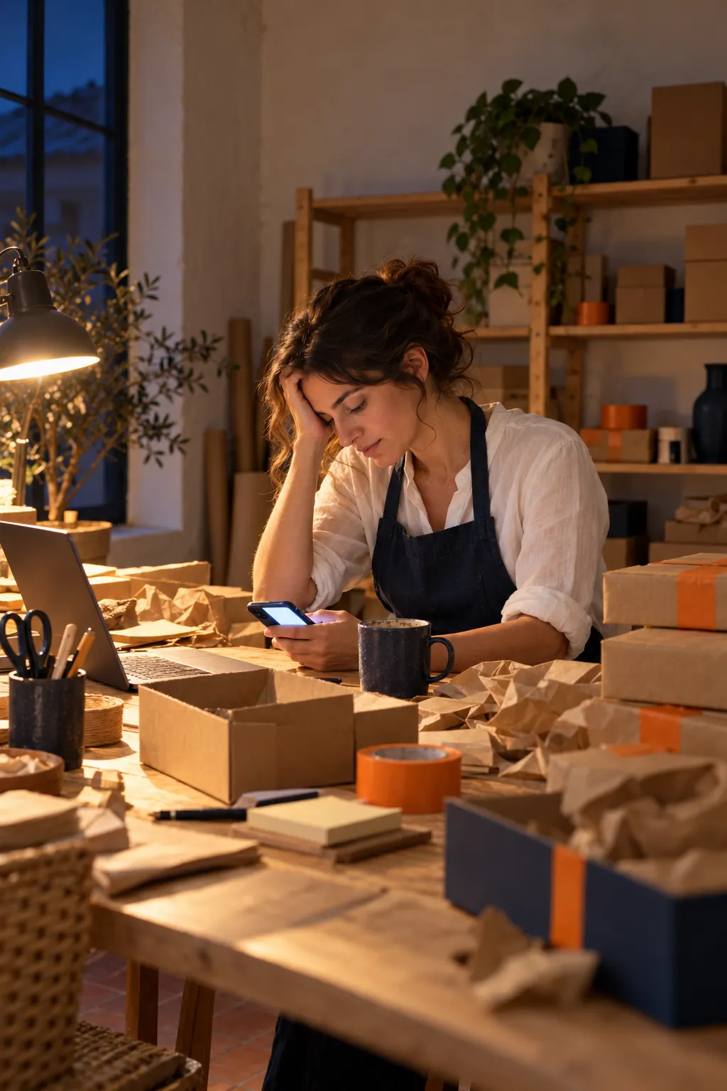 A shop owner at her work table late at night, tired, lit by a desk lamp and a phone screen.