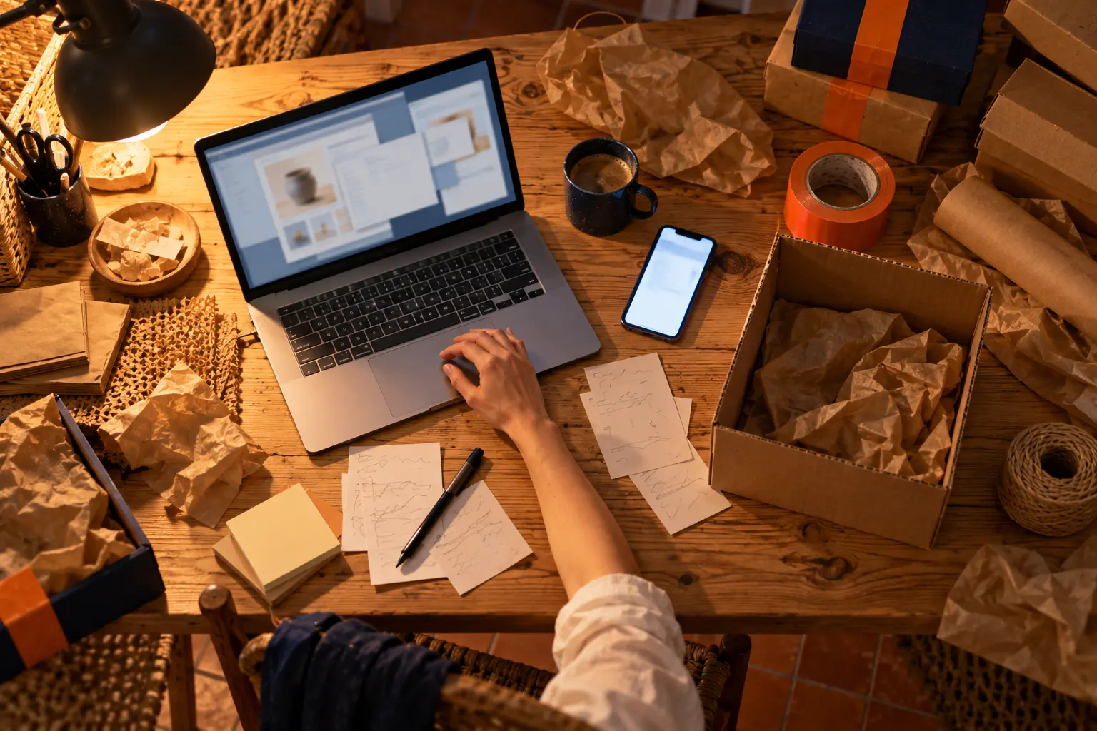 Seen from above at night: a laptop with many windows, a glowing phone, loose order slips and an open box.