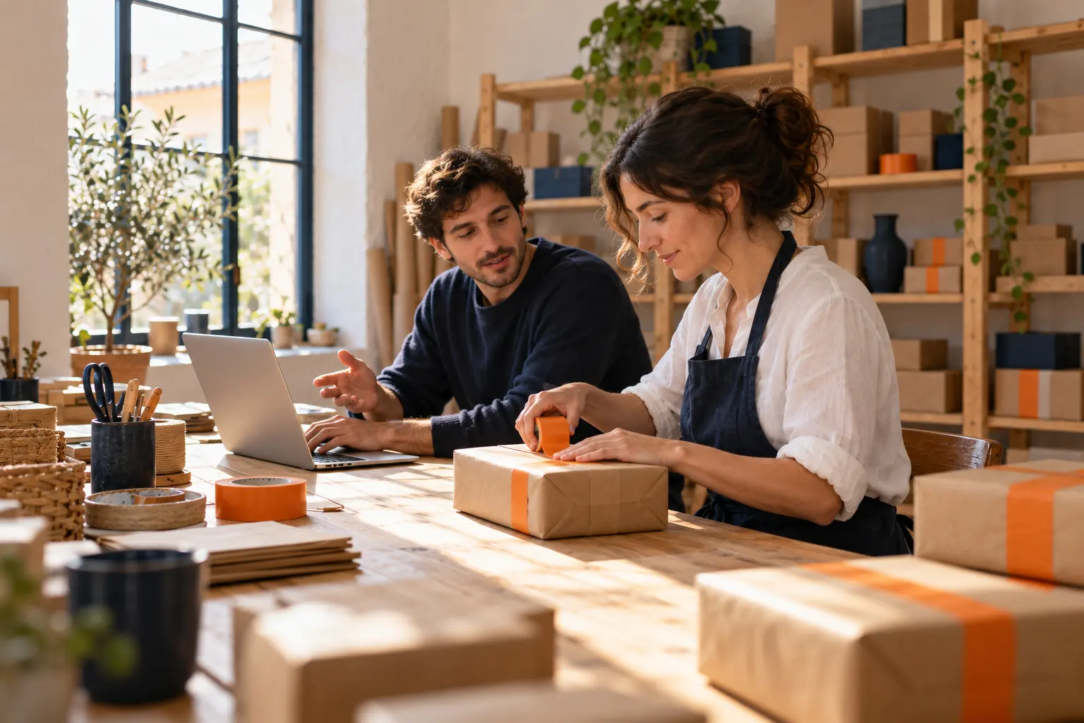 Two people at a long pine table in morning light, one packing a parcel, the other at a laptop.